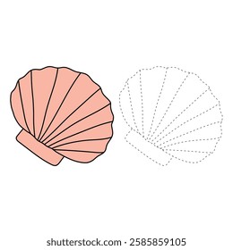 Doodle seashell coloring pages for kids. Trace and color seashell. Scallop Shell. Summer worksheets for kids activity printable. Cartoon seashell clip art vector isolated on white background.