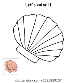 Doodle seashell coloring pages for kids. Trace and color seashell. Scallop Shell. Summer worksheets for kids activity printable. Cartoon seashell clip art vector isolated on white background.