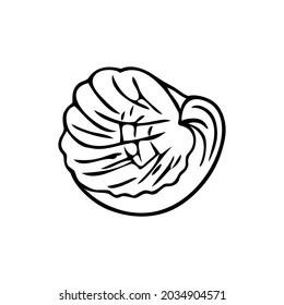 Doodle seashell, hand-drawn sea symbol. Fossil conch painted by ink, pen. Line, minimalism. Simple sketchy icon. Isolated. Vector illustration.