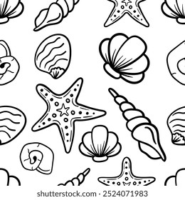 Doodle Seashell Seamless Pattern black and white color