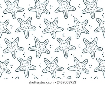 Doodle seashell seamless pattern. Vector background of tropical sea and ocean elements, shells, starfish. Doodles of marine life.