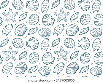 Doodle seashell seamless pattern. Vector background of tropical sea and ocean elements, shells, starfish. Doodles of marine life.