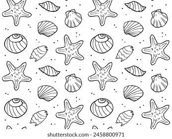 Doodle seashell seamless pattern. Vector background of tropical sea and ocean elements, shells, starfish. Doodles of marine life.