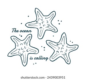Doodle seashell set. Vector banner with tropical sea starfish. Ocean elements, shells. Doodles of marine life.
