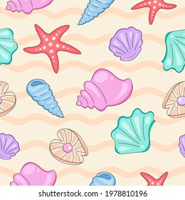 Doodle Seashells On the Beach Seamless Pattern. Seaside seamless pattern with sand and seashells. Shells, pearls, starfish, clam, horns. Seashells pattern on the beach. Sand backdrop or background.