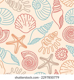 Doodle Seashells Seamless Pattern. Cute pastel colored endless background with hand drawn sea life elements. Line art repeat vector illustration