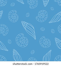 Doodle seashells with simple decor and stones on blue background. Seamless summer ocean doodle pattern. Suitable for textile, packaging.