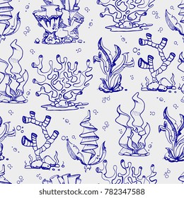 Doodle seaweeds and coralls seamless pattern background hand drawn. Vector illustration