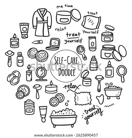Doodle self care cosmetics set. Beauty bath set. Beauty signs, spa salon and self-care icons.