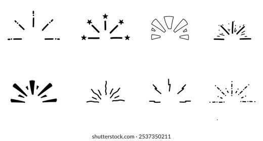 Doodle semicírculos con rayo, línea, estrella. Conjunto para el punto culminante, boom del efecto cómico, explosión. Colección de Vector de arte de línea aislada en blanco