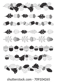 Doodle set of 8 doodle borders made of acorns and leaves. Elements for autumn design