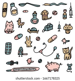 Doodle set about veterinary. cat, dog, hamster, parrot, rabbit, pig, cow, hare, fish, medications, phonendoscope, syringes, thermometer, mouse, rat, turtle, plaster.