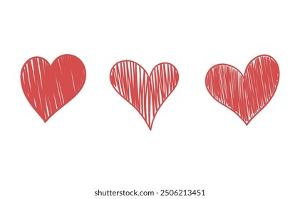 Doodle set of abstract hearts with texture hatched with marker or pen. Handmade elements for design. Happy Valentine's Day. Stickers.