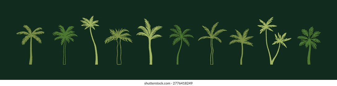Doodle set of abstract silhouettes of palm trees. Banana and coconut palmtrees shadows. Tropical plants of rainforest. Exotic flora of jungle. Flat isolated hand drawn vector illustrations