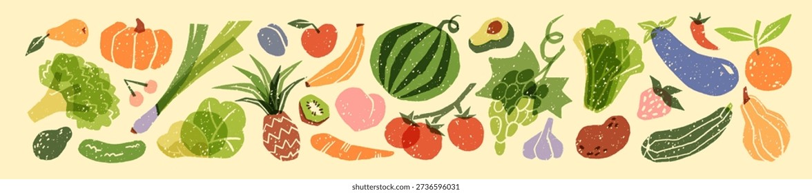Doodle set of abstract tropical fruit and vegetables. Different agricultural crops: broccoli, apple, eggplant, tomato, potato, pumpkin. Healthy farm food. Flat isolated hand drawn vector illustrations