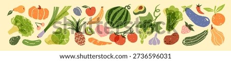Doodle set of abstract tropical fruit and vegetables. Different agricultural crops: broccoli, apple, eggplant, tomato, potato, pumpkin. Healthy farm food. Flat isolated hand drawn vector illustrations