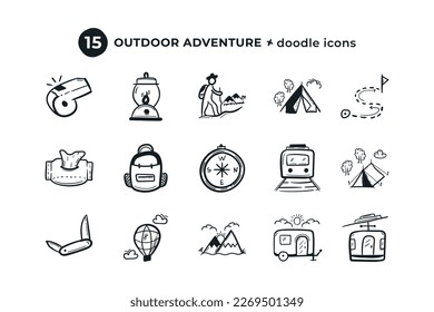 Doodle set of adventure and outdoors line icons. Hiking mountain, compass, ransel, tent, camping, map, navigation elements hand drawn vector illustration.