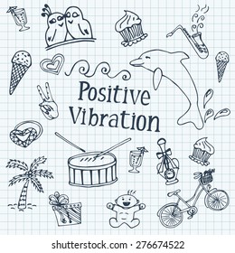 Doodle set against the background of notebook sheet in a cage. Positive themes. Joy of life. Hand-Drawn Art Design Elements.  vector