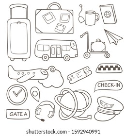 Doodle set with airport objects. Travel items in cartoon outline. Easy to change color. 