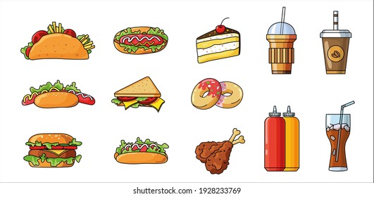 Doodle set with american fast food. Junk food colorful on white background. Colorful cartoon fast food. Burger, hot dog, pizza, taco, donut, sandwich, sauce, coffee. Takeaway food design.Vector