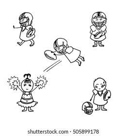 Doodle set of american football. Funny football players. Vector sports icons.