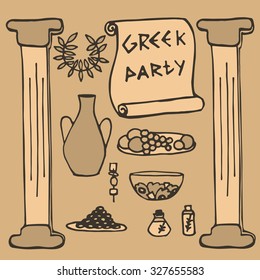 Doodle set of ancient greek party ideas, Greece elements: food, cloth, decoration