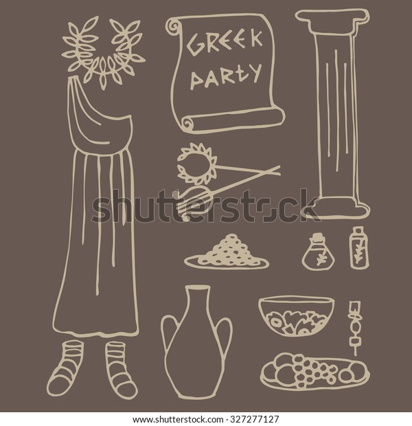 Doodle Set Ancient Greek Party Ideas Stock Vektorgrafik