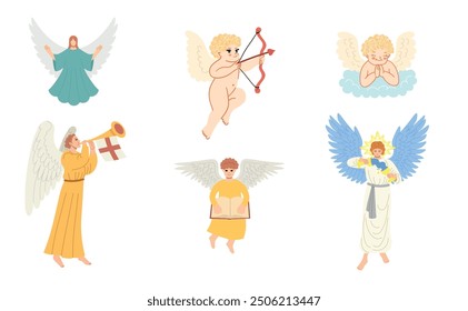 Doodle set of angels, cupids. Hand-drawn elements for design. Valentine's Day. Stickers.