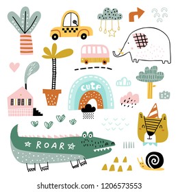 Doodle set- animals, plants, cars and other elements. Vector Illustration. Scandinavian design.