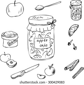Doodle set for apple jam, half and whole apples, knife, bag of sugar, spices and bank ,  hand drawn vector elements