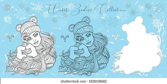 Doodle set with aries zodiac symbol. Girl wearing mittens showing heart sign against snowy background. Vector hand drawn winter illustration, line art design element, esoteric and mystic background
