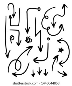 Doodle set of arrow hand-drawn objects. Abstract rough arrows drawings. Vector isolated arrows for presentation or design.