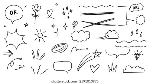 Doodle set arrow, heart, speech bubble, cloud, bush, flower, stars, sparkle decoration element