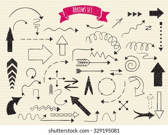 Doodle set of arrows. Hand drawn arrows sketched style.