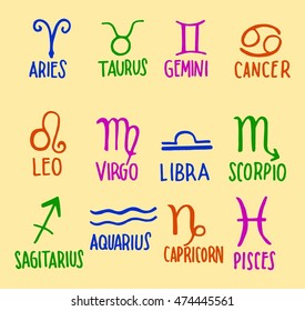 Doodle Set of astrological zodiac symbols.Horoscope signs, hand-drawn lettering. 