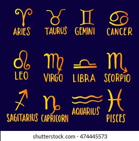 Doodle Set of astrological zodiac symbols.Horoscope signs, hand-drawn lettering. 