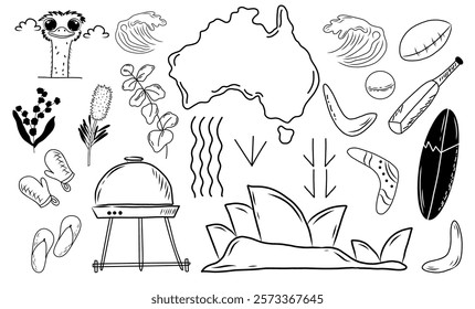 Doodle set with Australian symbols. Hand drawn vector design.