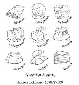 Doodle set of austrian sweets. Hand drawn sketch of traditional desserts. Vector illustration on white background.