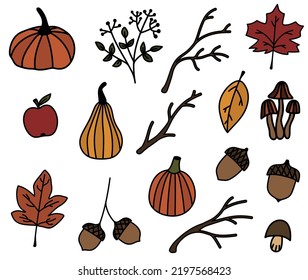 Doodle set of autumn leaves, pumpkins, tree branches, acorns, mushrooms. Hand drawn fall isolated stickers. Autumn vector illustration clip art