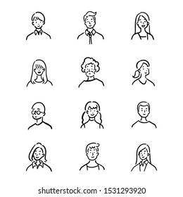 Doodle set of avatar office workers, cheerful people, hand-drawn icon style, character design, vector illustration.