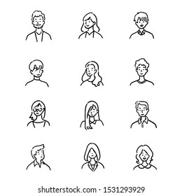Doodle set of avatar office workers, cheerful people, hand-drawn icon style, character design, vector illustration.