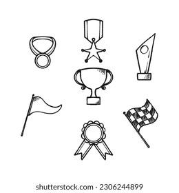 doodle set award winner trophy vintage retro hand drawn