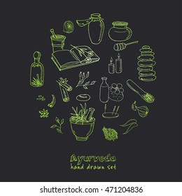 Doodle Set of ayurveda elements Vintage illustration for identity, design, decoration, packages product and interior decorating.