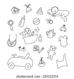 Doodle set of baby items, baby sleeps and bathes