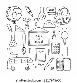 Doodle set back to school. Collection of vector icons. Design elements. Sketches on topic of training and education.