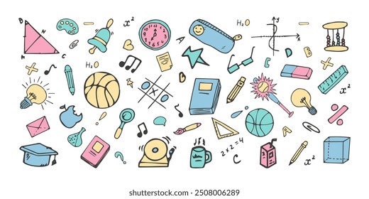 Doodle Set Back to School Supplies for Kids. Modern Collection Education Elements. Vector Illustration Hand Drawn icons, Book, Clock, Cube, Bulb, Basketball, Book, pen, notes, Brush, Magnifying glass.