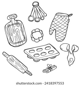 Doodle set of bake ware - baking cups, equipment, dish, bowl, tin, cake plate, muffin, gateau, hand-drawn. Vector sketch illustration isolated over white background.