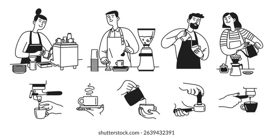 Doodle set barista making coffee. People, hands, men and women, cup of coffee and milk. Vector linear hand drawn illustration