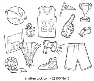 Doodle Set Basketball Element. Hand Drawn Isolated vector. Sport concept.