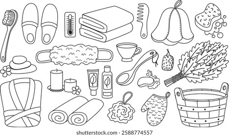Doodle set with bath accessories for sauna and spa. Linear illustration of bucket, soap, broom made of leaves, washcloths, towels, shampoo and other elements